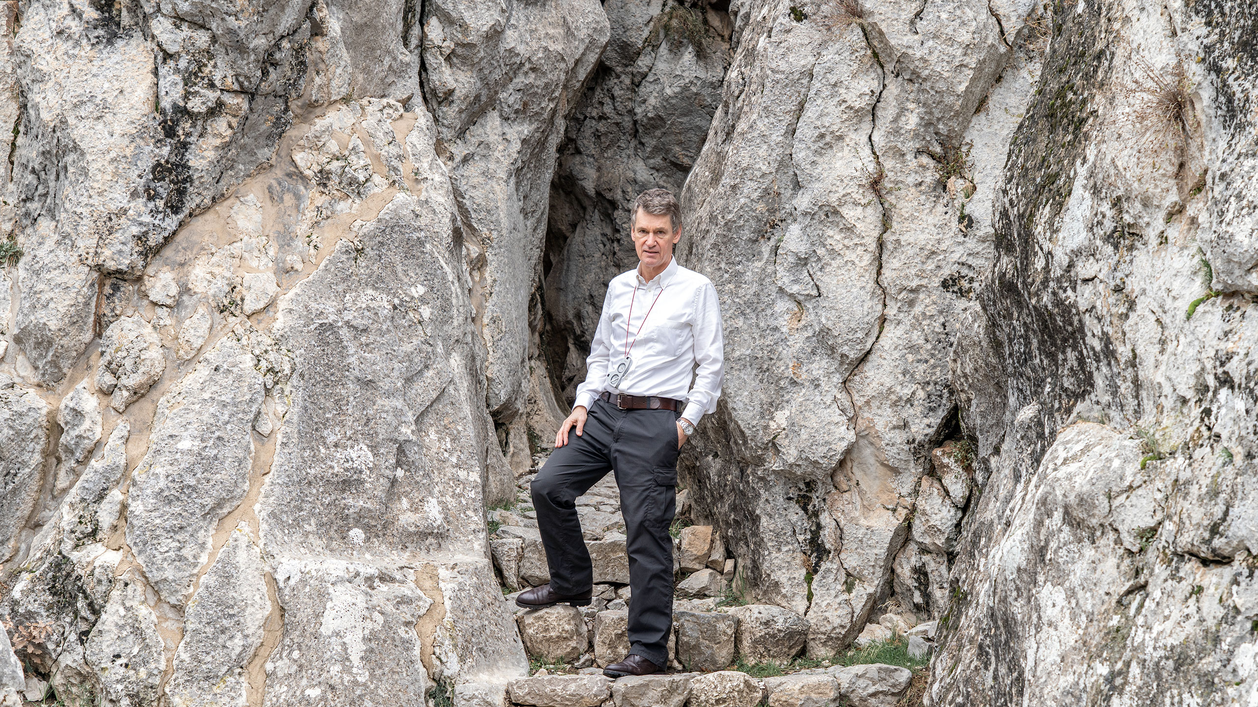Eberhard Zangger standing at the entrance to Chamber B in Yazılıkaya, T&uuml;rkiye